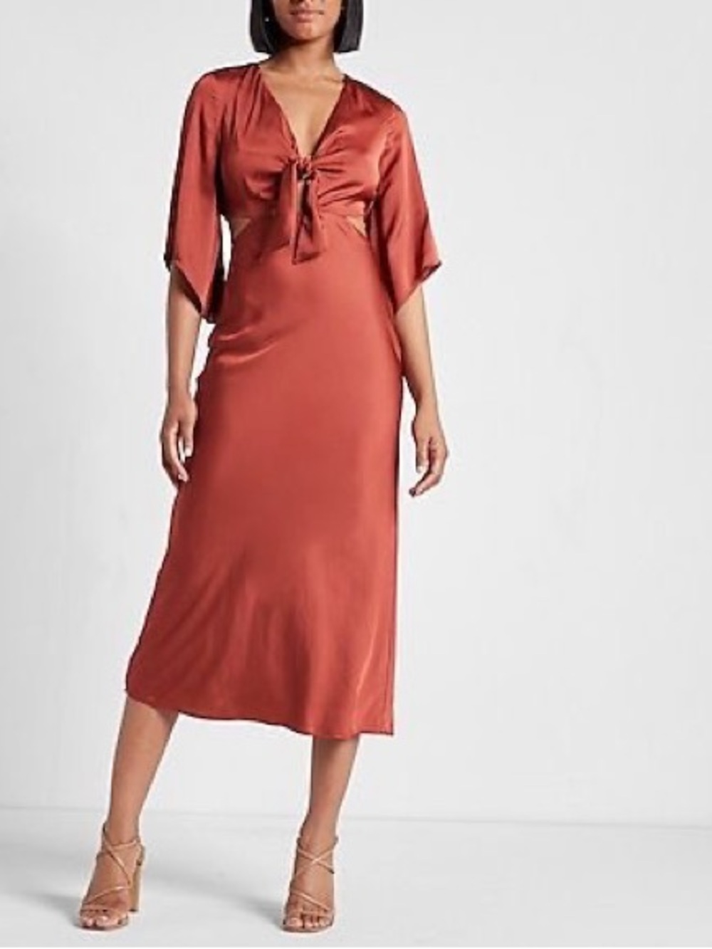 Express Satin Midi Dress in Rust with Front Tie